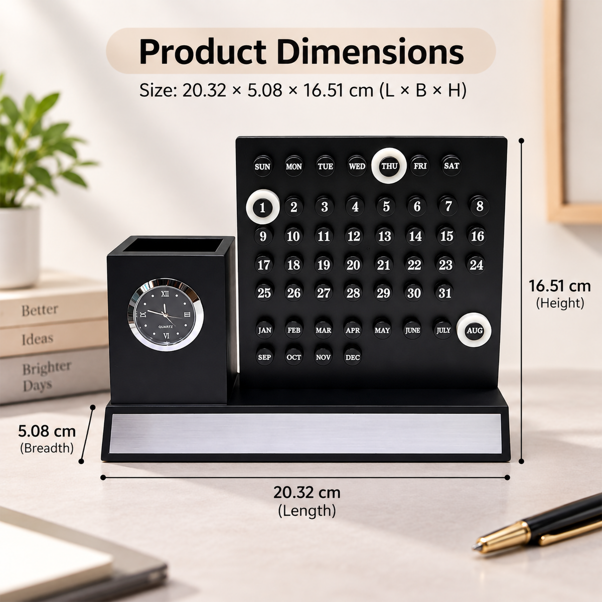 Premium Black & Silver Wooden Calendar Desk Organizer with Analog Clock & Pen Holder