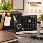 Premium Black & Silver Wooden Calendar Desk Organizer with Analog Clock & Pen Holder