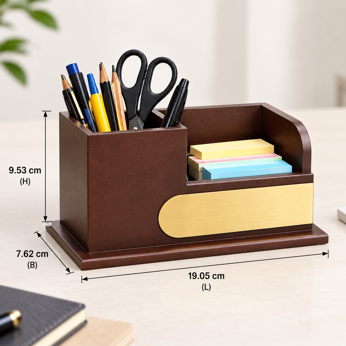 Premium Brown Wooden Desk Organizer with Mobile Holder & Pen Stand