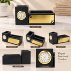 Premium Floral Black & Gold Wooden Desk Organizer with Clock