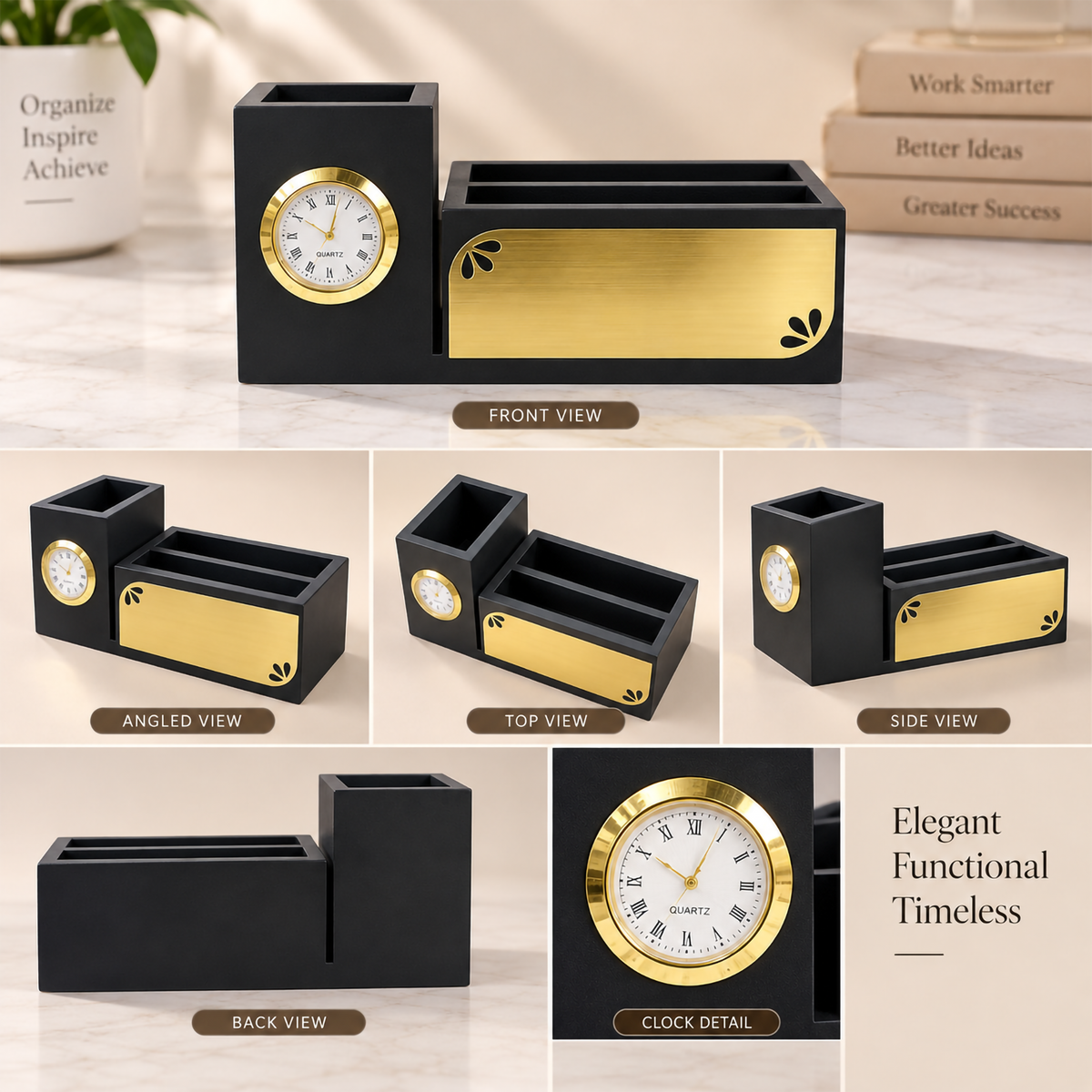 Premium Floral Black & Gold Wooden Desk Organizer with Clock