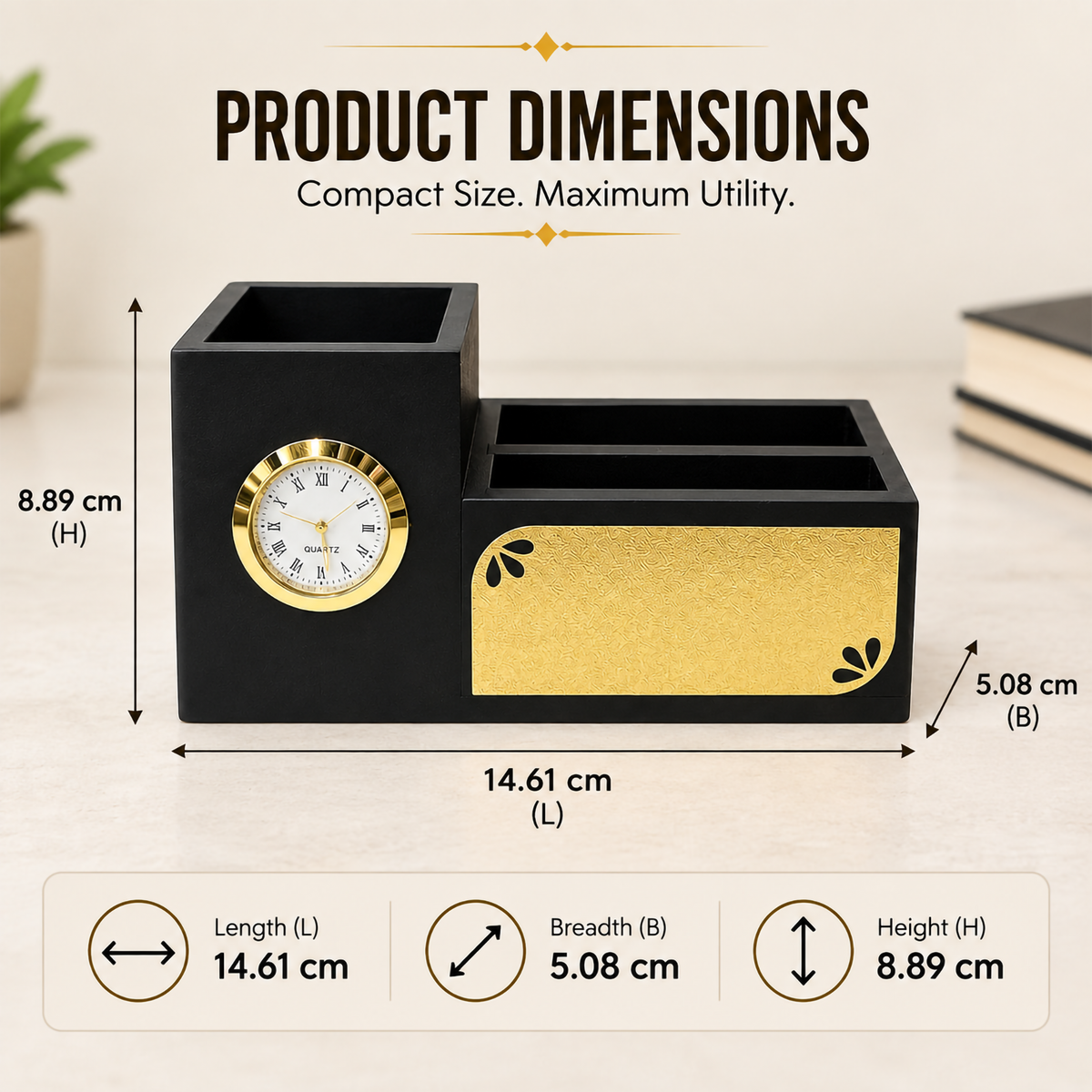 Premium Floral Black & Gold Wooden Desk Organizer with Clock