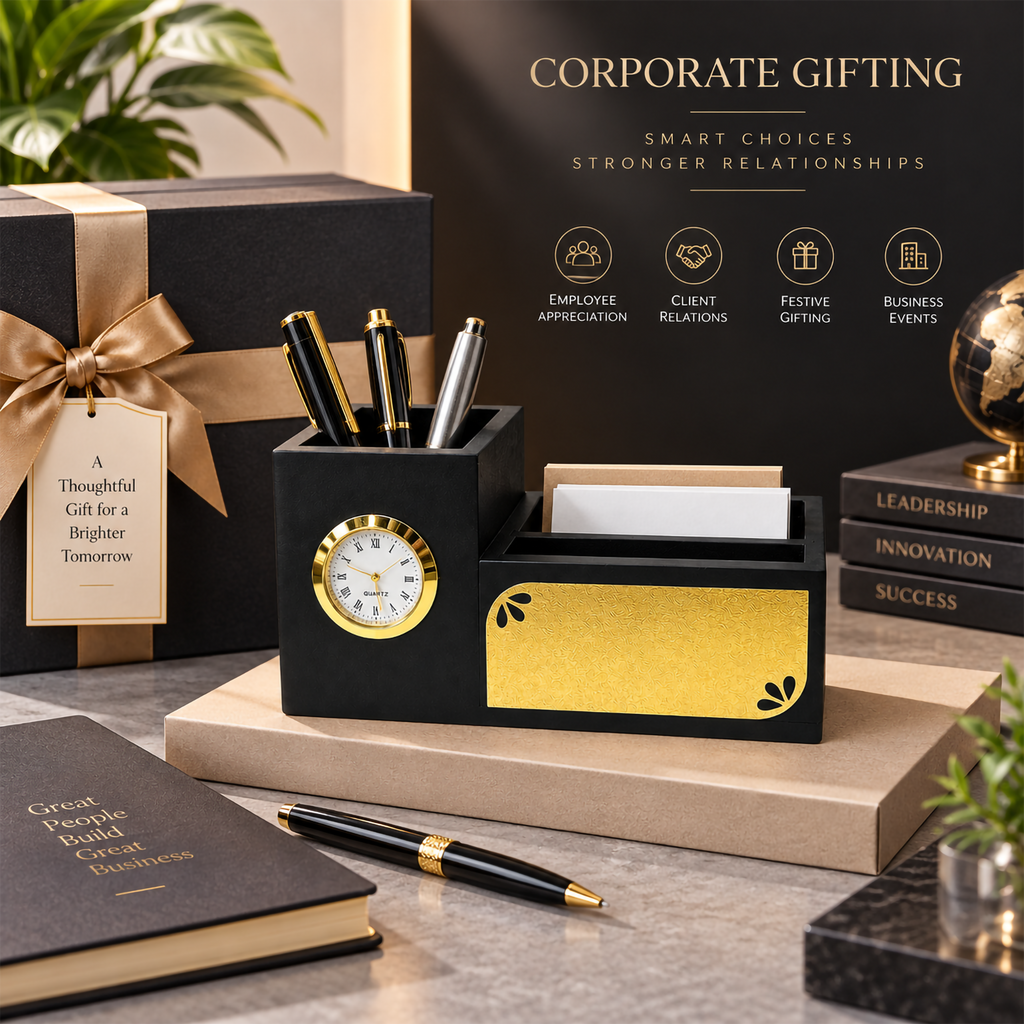 Premium Floral Black & Gold Wooden Desk Organizer with Clock