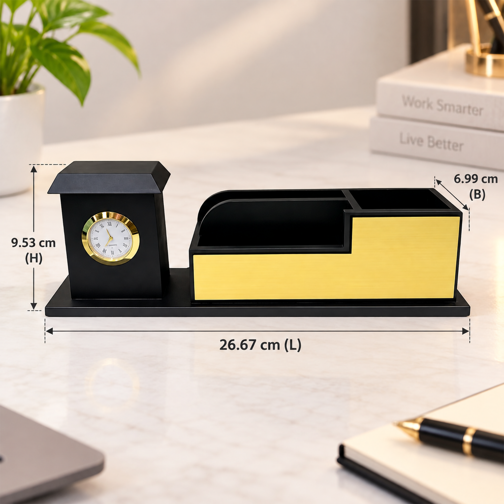 Premium House-Style Wooden Desk Organizer with Analog Clock, Pen & Card Holder