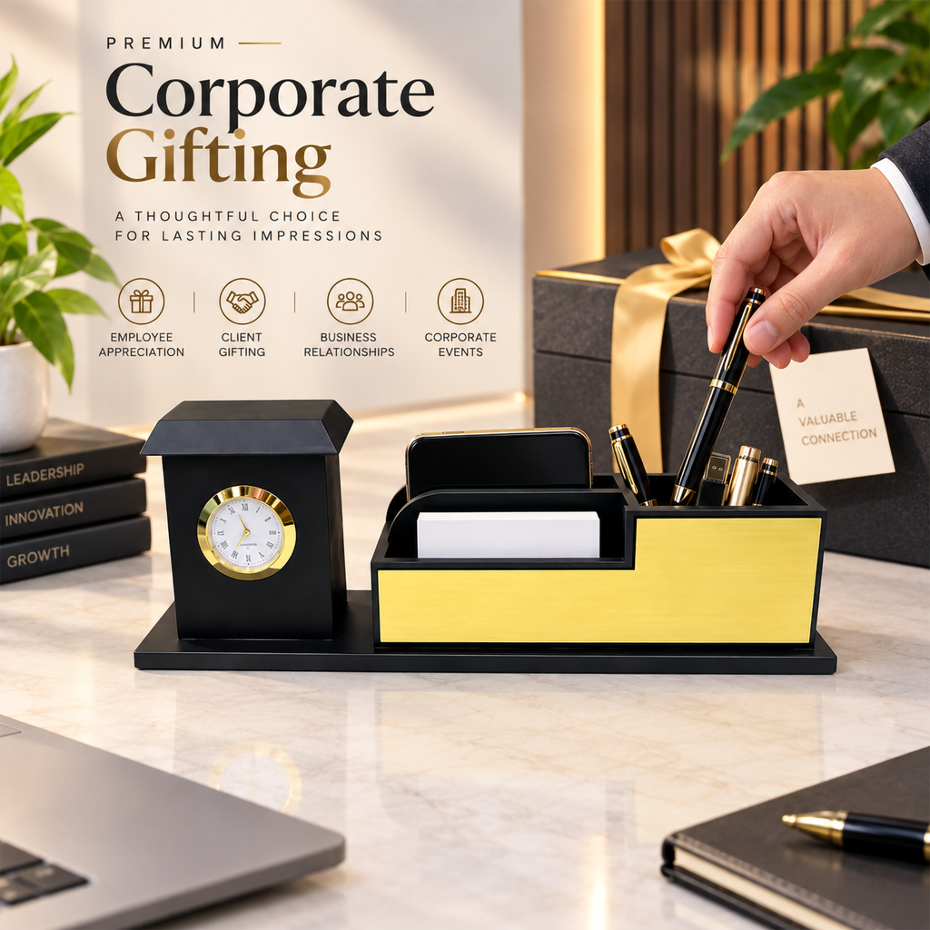Premium House-Style Wooden Desk Organizer with Analog Clock, Pen & Card Holder