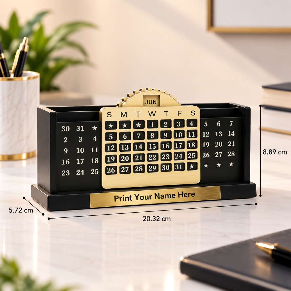 Premium  Wooden Calendar Desk Organizer with Pen & Card Holder