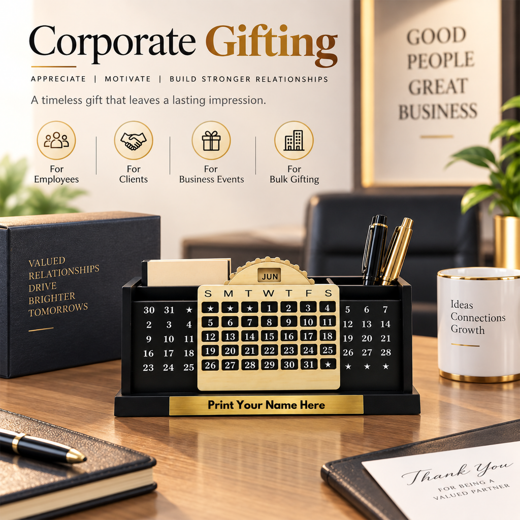 Premium  Wooden Calendar Desk Organizer with Pen & Card Holder