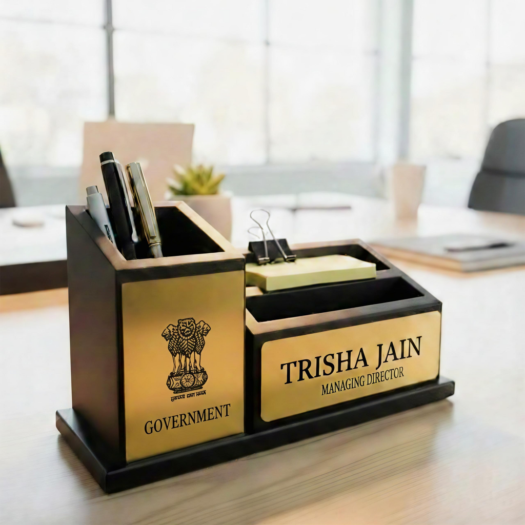 Premium Wooden Desk Organizer with Multi-Compartment Pen & Card Holder