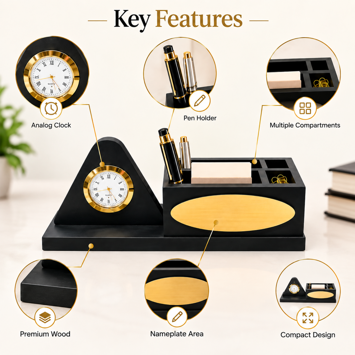 Premium Wooden Desk Organizer with Table Clock & Pen Holder