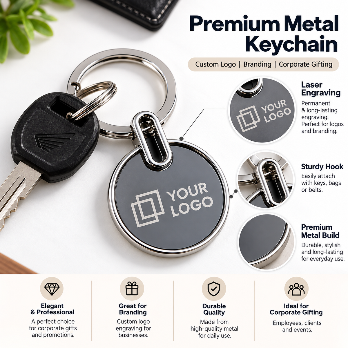 Round Metal Keychain – Custom Logo Engraving for Business Gifting