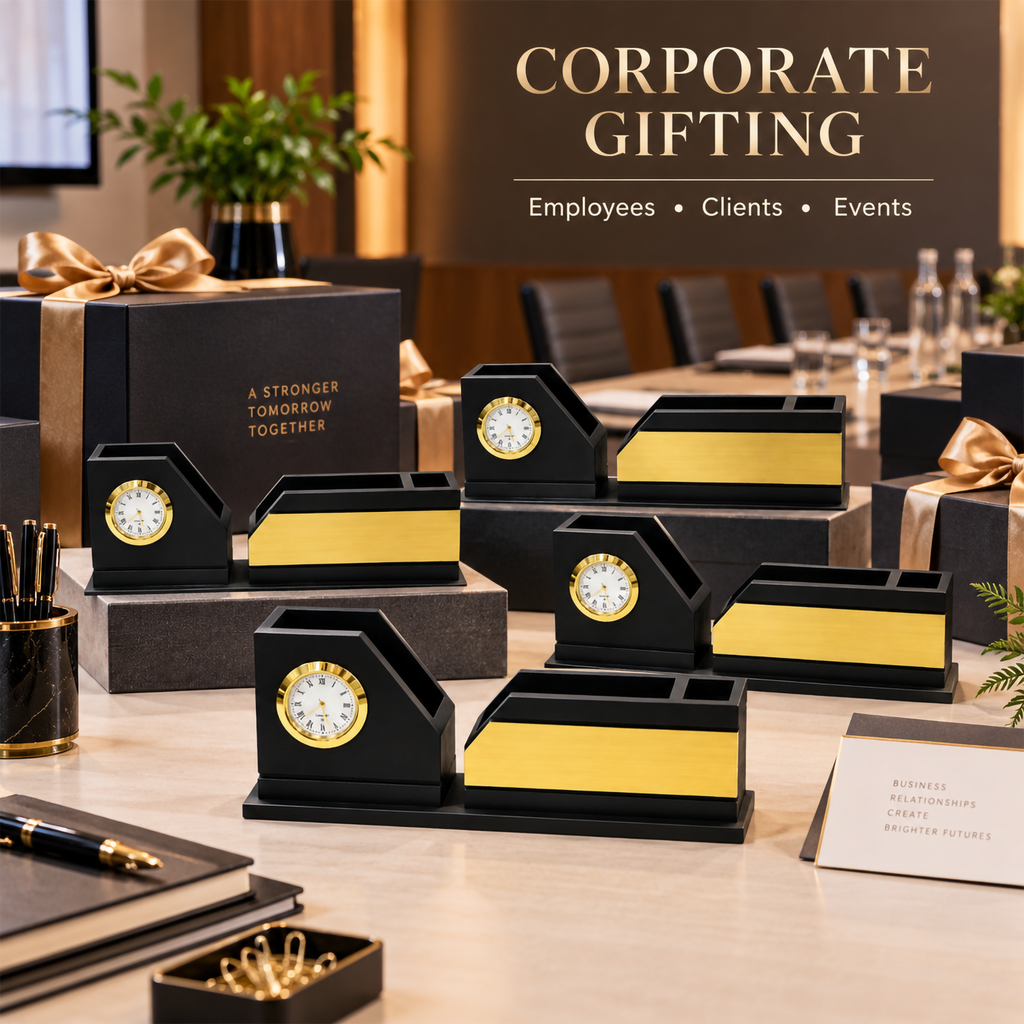 RegalChron Black & Gold Wooden Desk Organizer with Clock