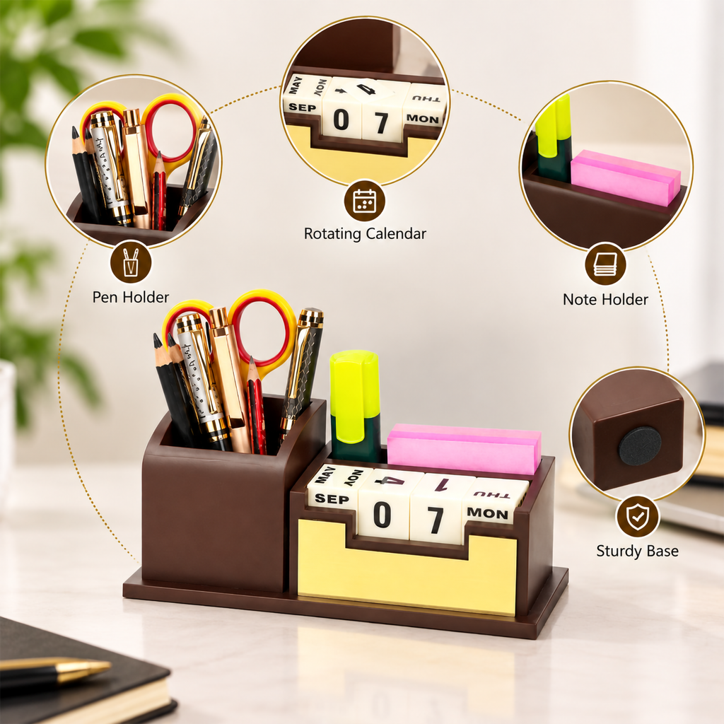 Rich Brown Wooden Perpetual Calendar Desk Organizer with Pen Holder