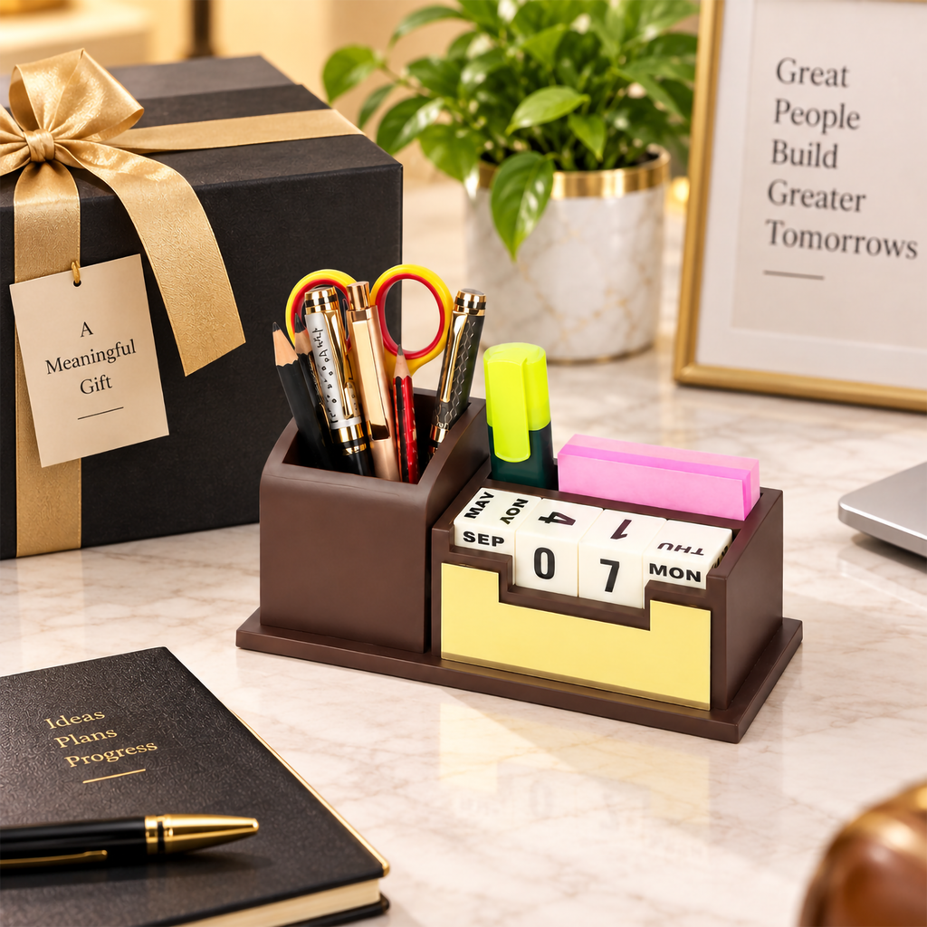 Rich Brown Wooden Perpetual Calendar Desk Organizer with Pen Holder