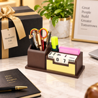 Rich Brown Wooden Perpetual Calendar Desk Organizer with Pen Holder