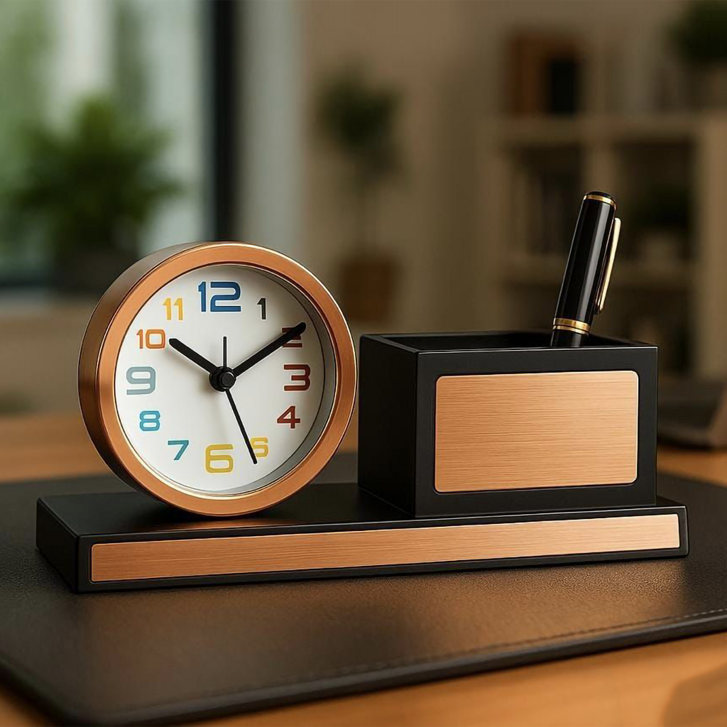 Personalized Executive Rose Gold Desk Clock Stand for Corporate Gifting