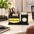 Premium Black & Gold Wooden Dual-Compartment Desk Organizer with Analog Clock