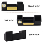 Black & Gold Wooden Desk Organizer with Analog Clock & Multiple Compartments