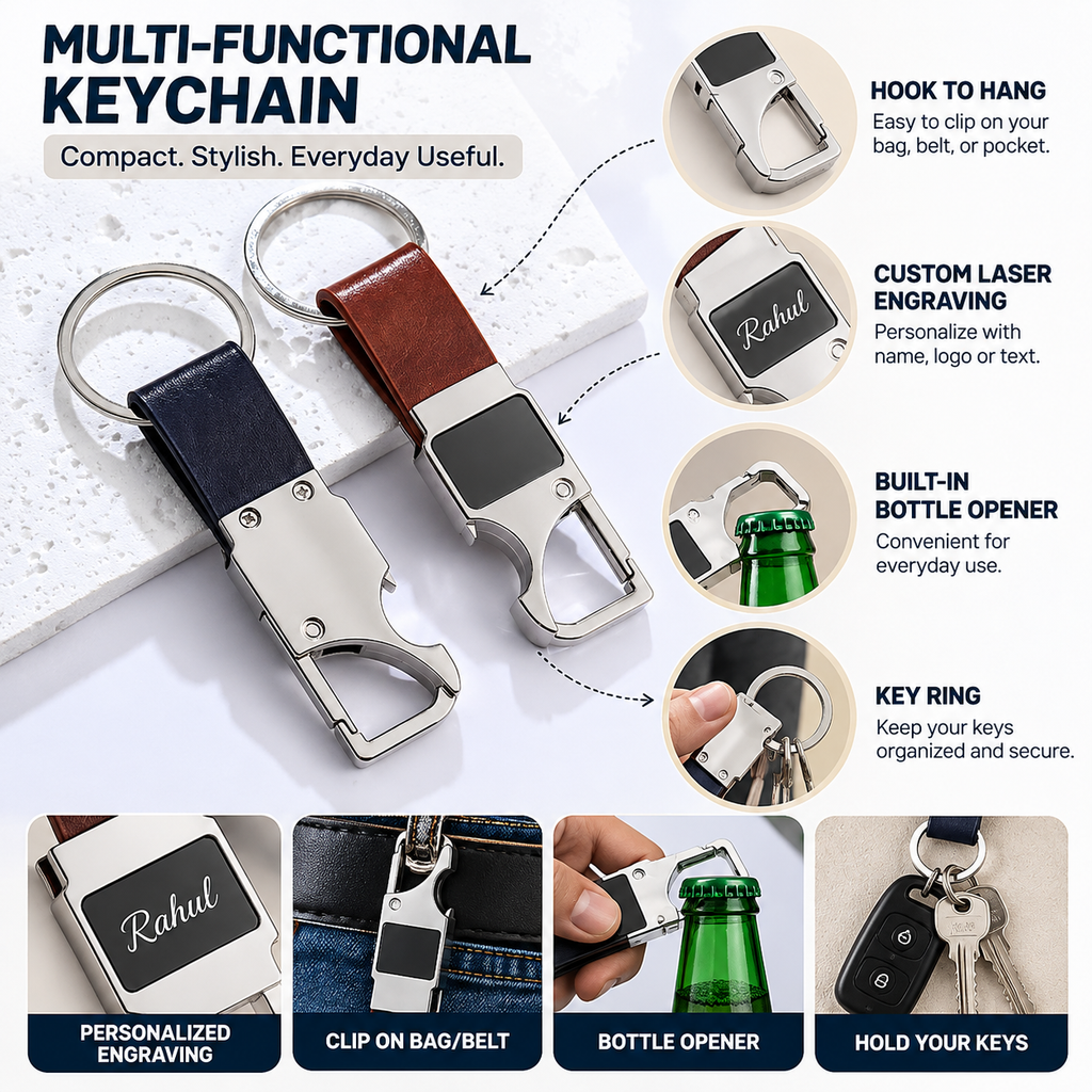 Metal Keychain with Leather Strap & Bottle Opener – Business Gifting