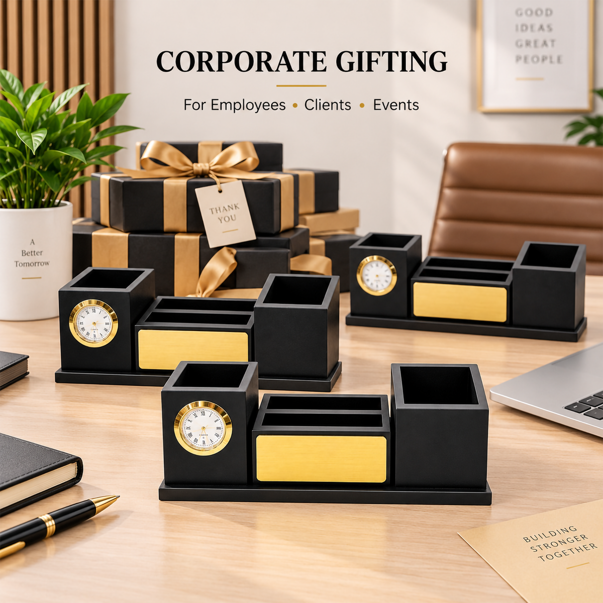 Black & Gold Wooden Desk Organizer with Analog Clock & Multiple Compartments
