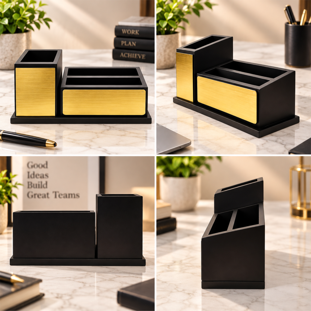 Premium Wooden Desk Organizer with Multi-Compartment Pen & Card Holder