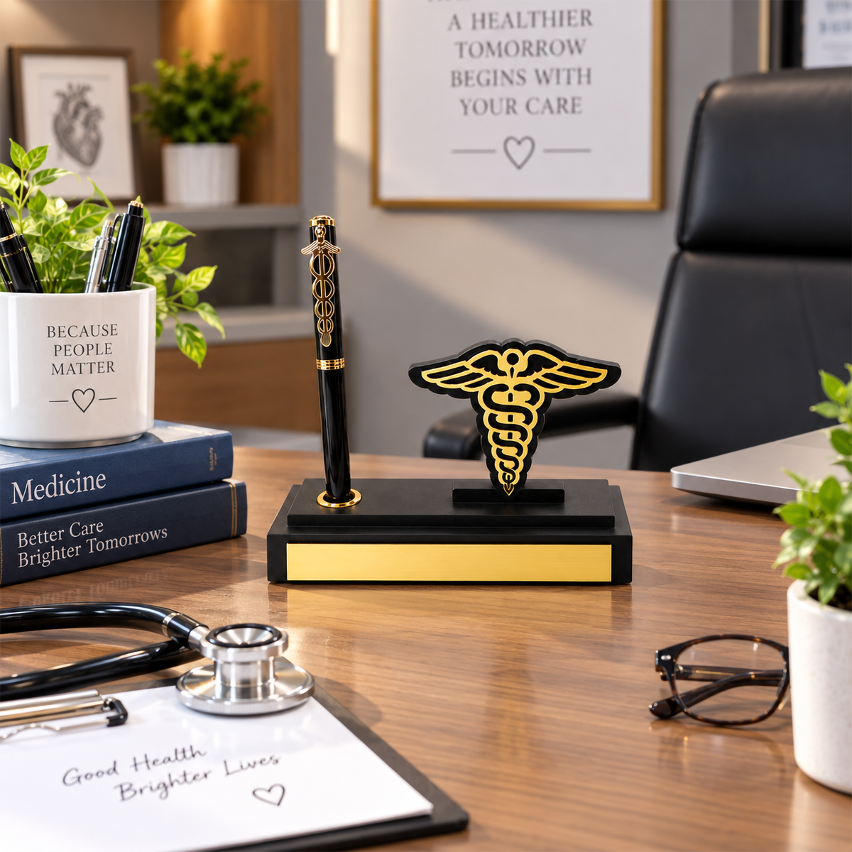 Personalized Doctor Desk Organizer with Caduceus Symbol & Pen Holder