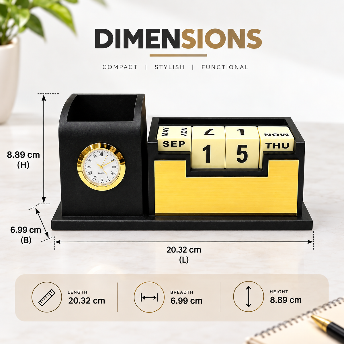 Premium Black & Gold Wooden Perpetual Calendar Desk Organizer with Clock