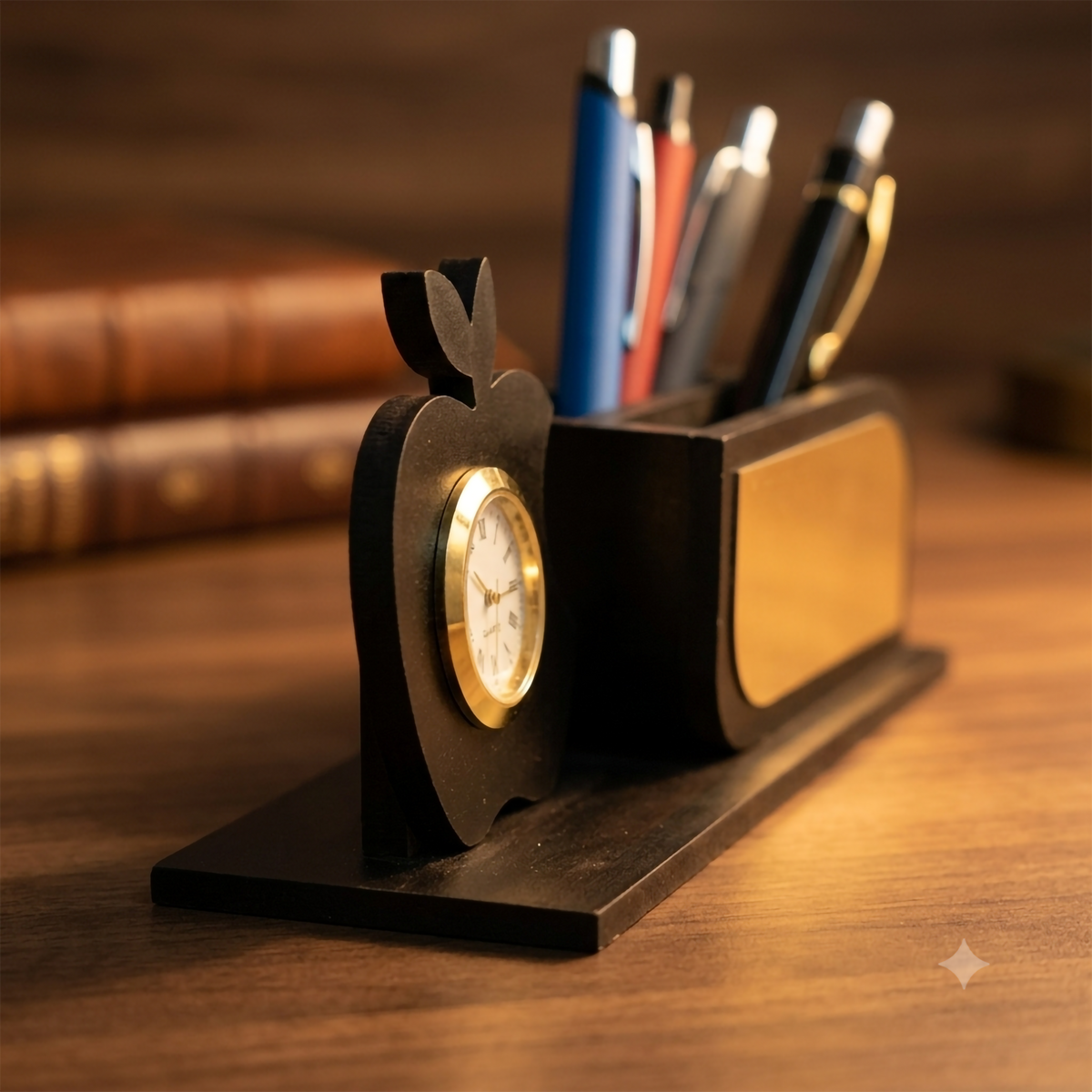 Premium Apple-Shaped Wooden Desk Organizer with Analog Clock & Multi-Compartment Pen Holde