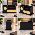 Premium Black & Gold  Wooden Desk Organizer with Oval Name Plate, Clock & Pen Holder